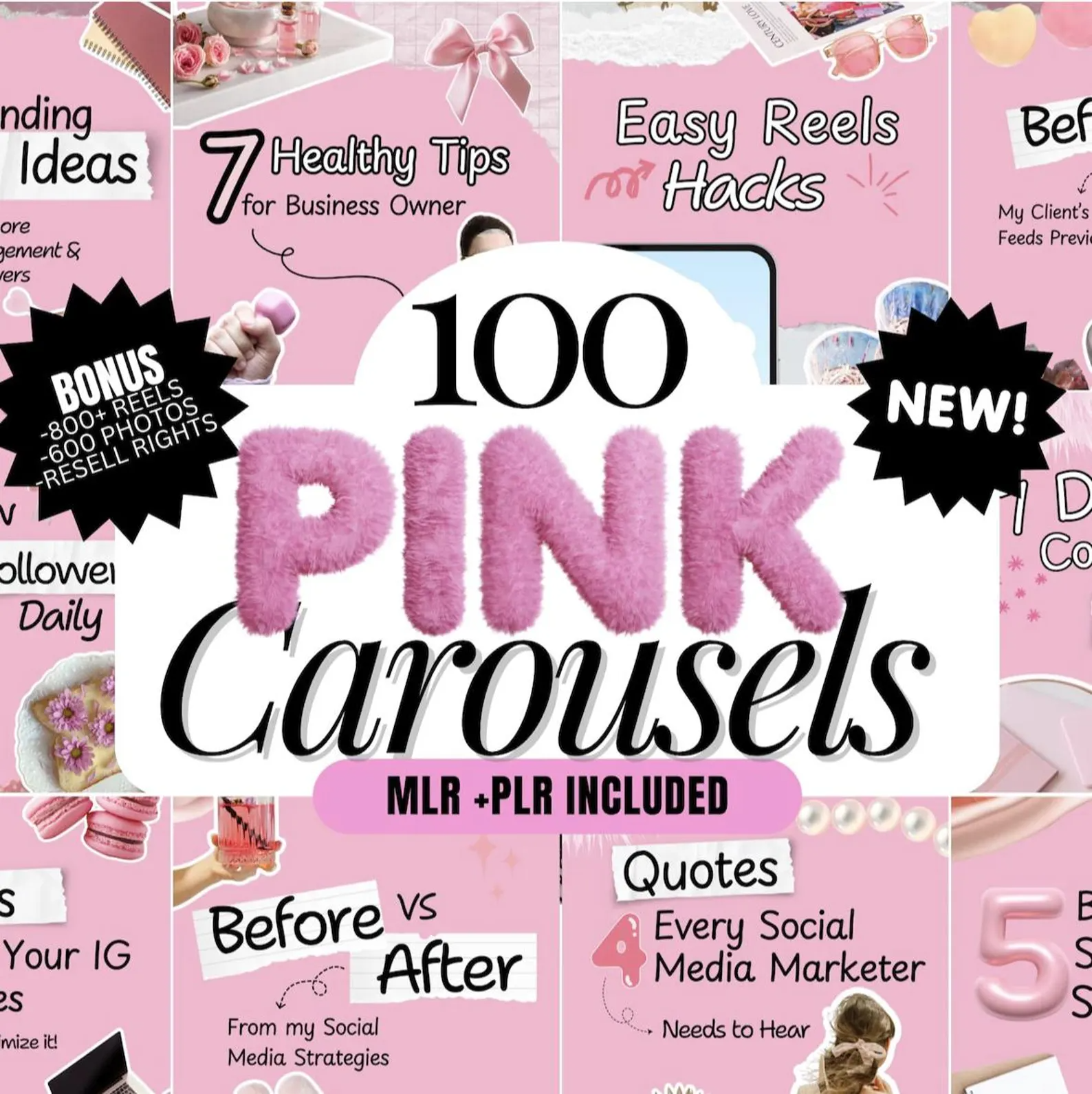 100 Aesthetic Pink Instagram Carousel Templates with PLR & MRR Rights